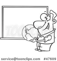 Black and White Cartoon Teacher Holding a Globe by a Chalkboard by Toonaday