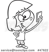 Black and White Cartoon Girl Taking a Selfie with Her Cell Phone by Toonaday