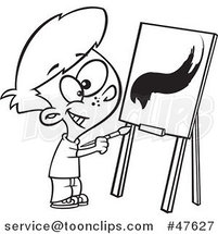 Black and White Cartoon Boy Painting a Stroke on a Canvas by Toonaday