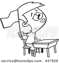 Black and White Cartoon School Boy Waving a White Flag at His Desk by Toonaday