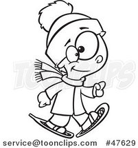 Black and White Cartoon Boy Walking in Snowshoes by Toonaday