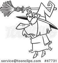 Black and White Cartoon Halloween Witch Hanging from Her Broomstick by Toonaday