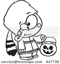 Black and White Cartoon Boy Trick or Treating in a Davy Crockett Halloween Costume by Toonaday