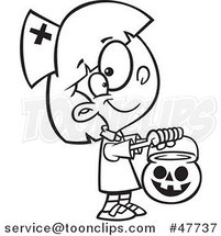 Black and White Cartoon Girl Trick or Treating in a Nurse Halloween Costume by Toonaday