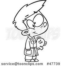 Black and White Cartoon Boy Wearing Pajamas and Holding a Teddy Bear by Toonaday