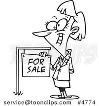 Cartoon Black and White Line Drawing of a Female Realtor by a for Sale Sign by Toonaday