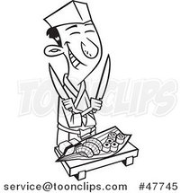 Black and White Cartoon Happy Japanese Chef with Knives and Sushi by Toonaday