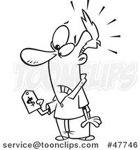 Black and White Cartoon Guy with Sticker Shock, Holding a Price Tag by Toonaday