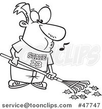 Black and White Cartoon Happy Guy Whistling and Raking Leaves by Toonaday