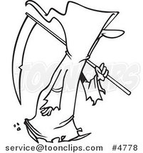 Cartoon Black and White Line Drawing of a Walking Grim Reaper by Toonaday