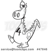 Black and White Cartoon Dinosaur with a Number Four on His Tummy by Toonaday