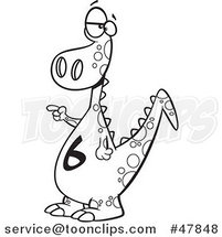 Black and White Cartoon Dinosaur with a Number Six on His Tummy by Toonaday
