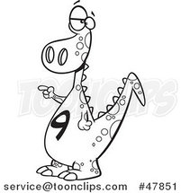 Black and White Cartoon Dinosaur with a Number Nine on His Tummy by Toonaday