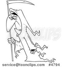 Cartoon Black and White Line Drawing of a Grim Reaper with a Scythe by Toonaday