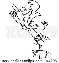 Cartoon Black and White Line Drawing of a Business Woman Standing on a Stool and Reaching by Toonaday