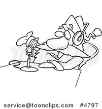 Cartoon Black and White Line Drawing of Santa Talking on the Radio by Toonaday