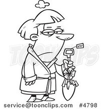 Cartoon Black and White Line Drawing of a Grumpy Lady Holding a Shovel As a Gift by Toonaday