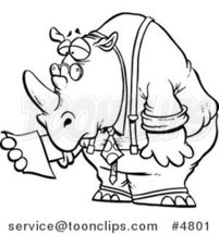 Cartoon Black and White Line Drawing of a Business Rhino Reading a Memo by Toonaday