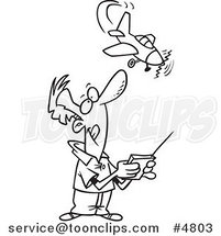 Cartoon Black and White Line Drawing of a Guy Flying a Remote Control Plane by Toonaday