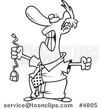 Cartoon Black and White Line Drawing of an Outraged Business Man Holding a Computer Mouse by Toonaday