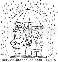 Cartoon Black and White Line Drawing of a Couple Sharing an Umbrella in the Rain by Toonaday