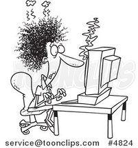 Cartoon Black and White Line Drawing of a Lady Covered in Soot at a Computer by Toonaday