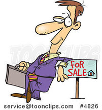 Cartoon Realtor Leaning on a Sale Sign by Toonaday