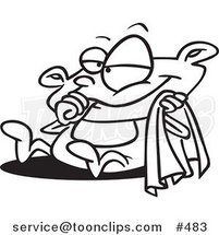 Coloring Page Line Art of a Cartoon Baby Holding a Blanket and Sucking His Thumb by Toonaday