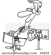 Cartoon Black and White Line Drawing of a Realtor Leaning on a Sale Sign by Toonaday
