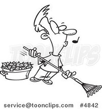 Cartoon Black and White Line Drawing of a Whistling Guy Raking Leaves by Toonaday