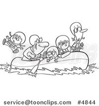 Cartoon Black and White Line Drawing of a Family Rafting by Toonaday
