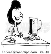 Cartoon Black and White Line Drawing of a Pleasant Receptionist Sitting at Her Desk by Toonaday