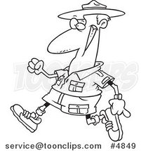 Cartoon Black and White Line Drawing of a Ranger Walking by Toonaday