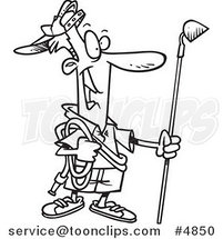 Cartoon Black and White Line Drawing of a Guy Ready to Do His Gardening by Toonaday