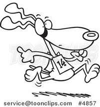 Cartoon Black and White Line Drawing of a Dog Running in a Race by Toonaday
