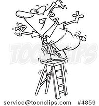 Cartoon Black and White Line Drawing of a Business Man Standing on a Ladder and Reaching by Toonaday