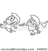 Cartoon Black and White Girl Chasing a Boy to Tickle Him with a Feather by Toonaday