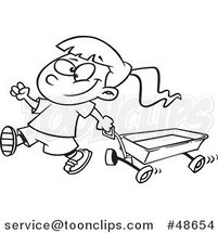 Cartoon Black and White Happy Girl Pulling a Wagon by Toonaday