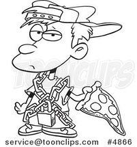 Cartoon Black and White Line Drawing of a Messy Boy Eating Pizza by Toonaday