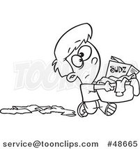 Cartoon Black and White Boy Dropping Clothes and Carrying a Laundry Basket with Detergent by Toonaday