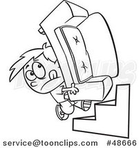 Cartoon Black and White Mover Boy Carrying a Couch up Stairs by Toonaday