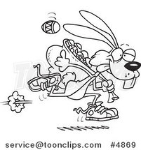 Cartoon Black and White Line Drawing of an Easter Bunny Running with a Bag of Eggs by Toonaday