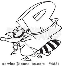 Cartoon Black and White Line Drawing of a Raccoon Carrying a Letter R by Toonaday