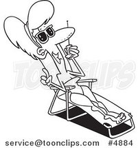 Cartoon Black and White Line Drawing of a Lady Sun Bathing and Talking on a Cell Phone by Toonaday