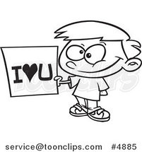 Cartoon Black and White Line Drawing of a Boy Holding an I Love You Sign by Toonaday