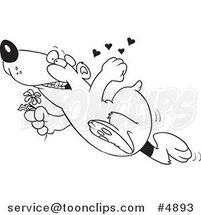 Cartoon Black and White Line Drawing of a Romantic Bear Running with Flowers by Toonaday