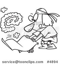 Cartoon Black and White Line Drawing of a Native American Guy Fanning a Fire with an at Smoke Symbol by Toonaday