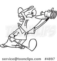 Cartoon Black and White Line Drawing of a Golfer Using Binoculars by Toonaday