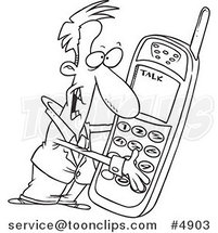 Cartoon Black and White Line Drawing of a Guy Holding a Giant Phone by Toonaday