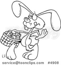 Cartoon Black and White Line Drawing of an Easter Bunny Walking with an Easter Basket by Toonaday